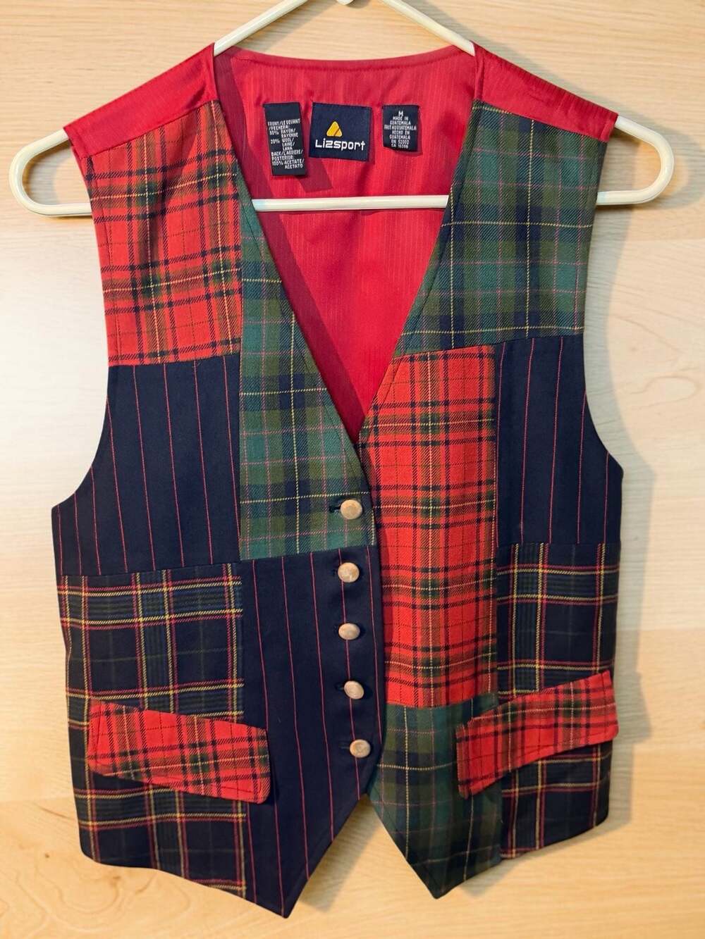 Vintage Liz Sport Patchwork Tartan Plaid Wool Blend Holiday Vest Women's Medium